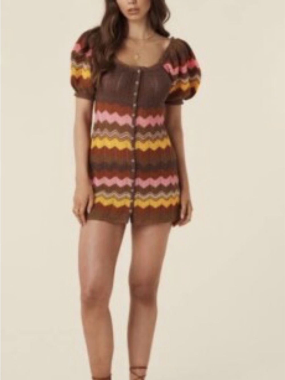 NWOT Spell Brown Zigzag Knit Mini Dress with Puff sleeves